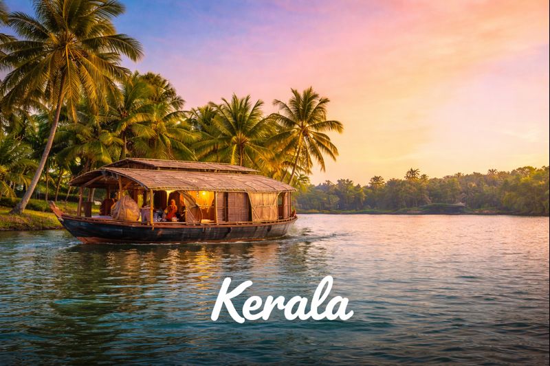Kerala backwaters with houseboat and coconut trees