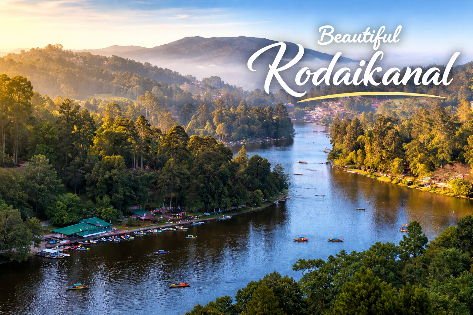 Scenic view of Kodaikanal Lake surrounded by green hills and boating activities