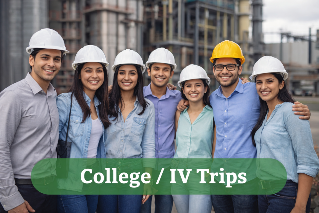 “College students on industrial visit trip wearing safety helmets at factory site gaining practical industry experience”
